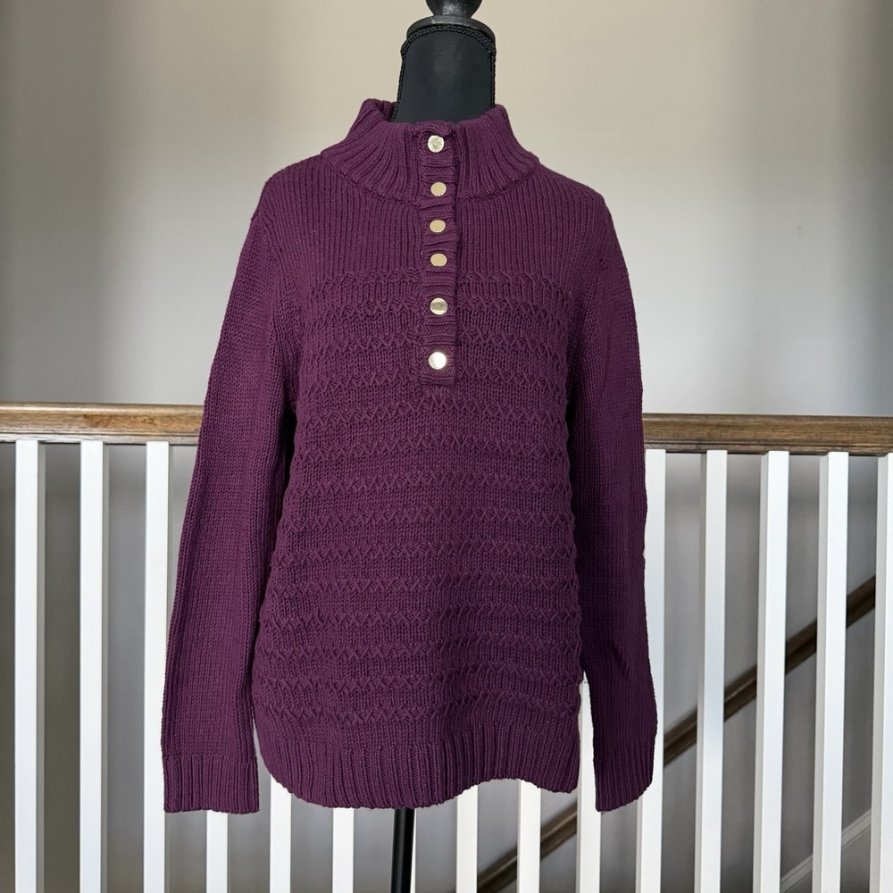 Talbots Cable Knit Chunky Sweater Snap Mockneck Size LP Preppy Dark Academia‎
